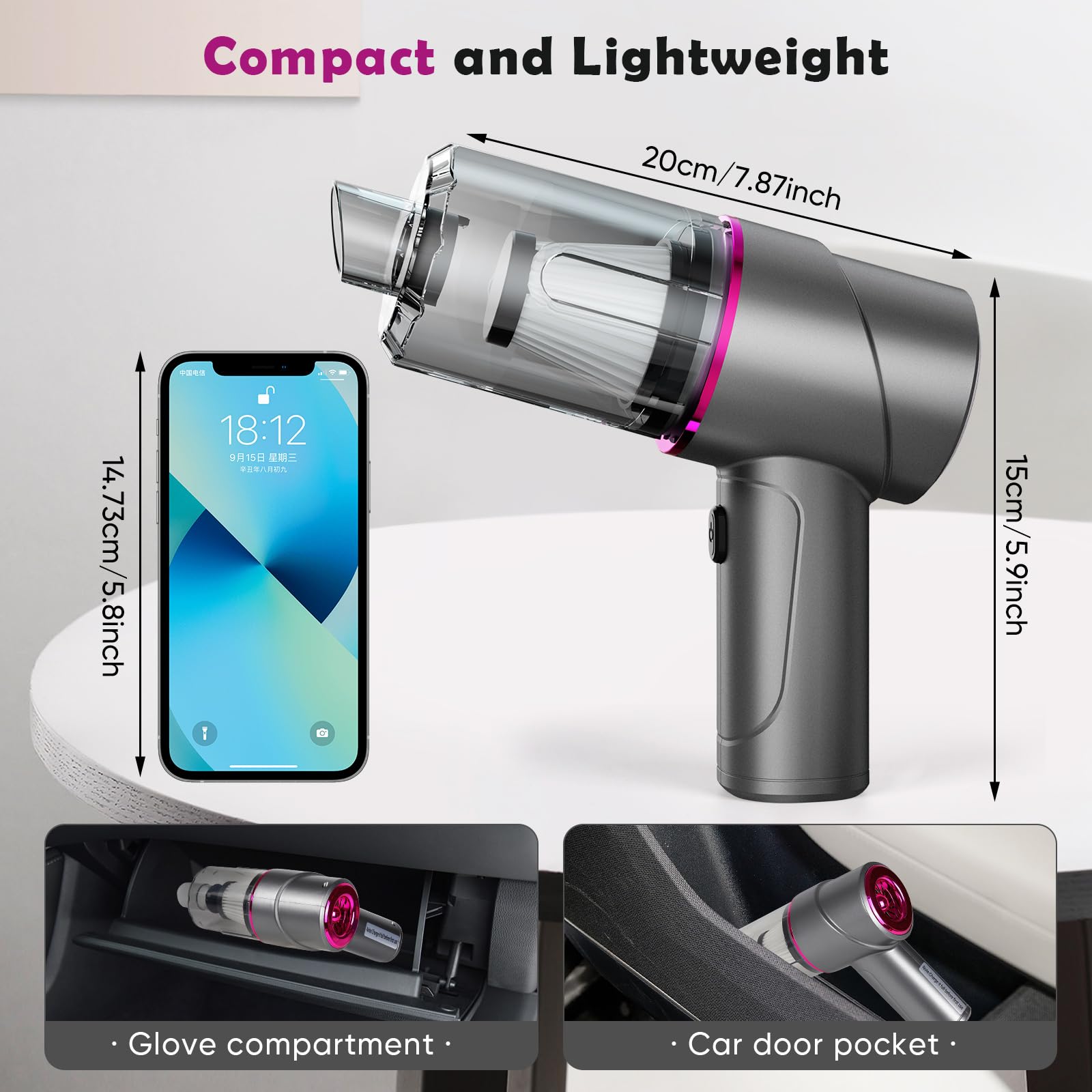 Aspirador de Mano,15000Pa Aspirador Coche Potente Portátil Sin Cable,120W 5000mAh 4 en 1 Mini Aspiradora de Mano,Recargable Carga Rápida USB,con Filtro Lavable, para Coche,Hogar,Oficina
