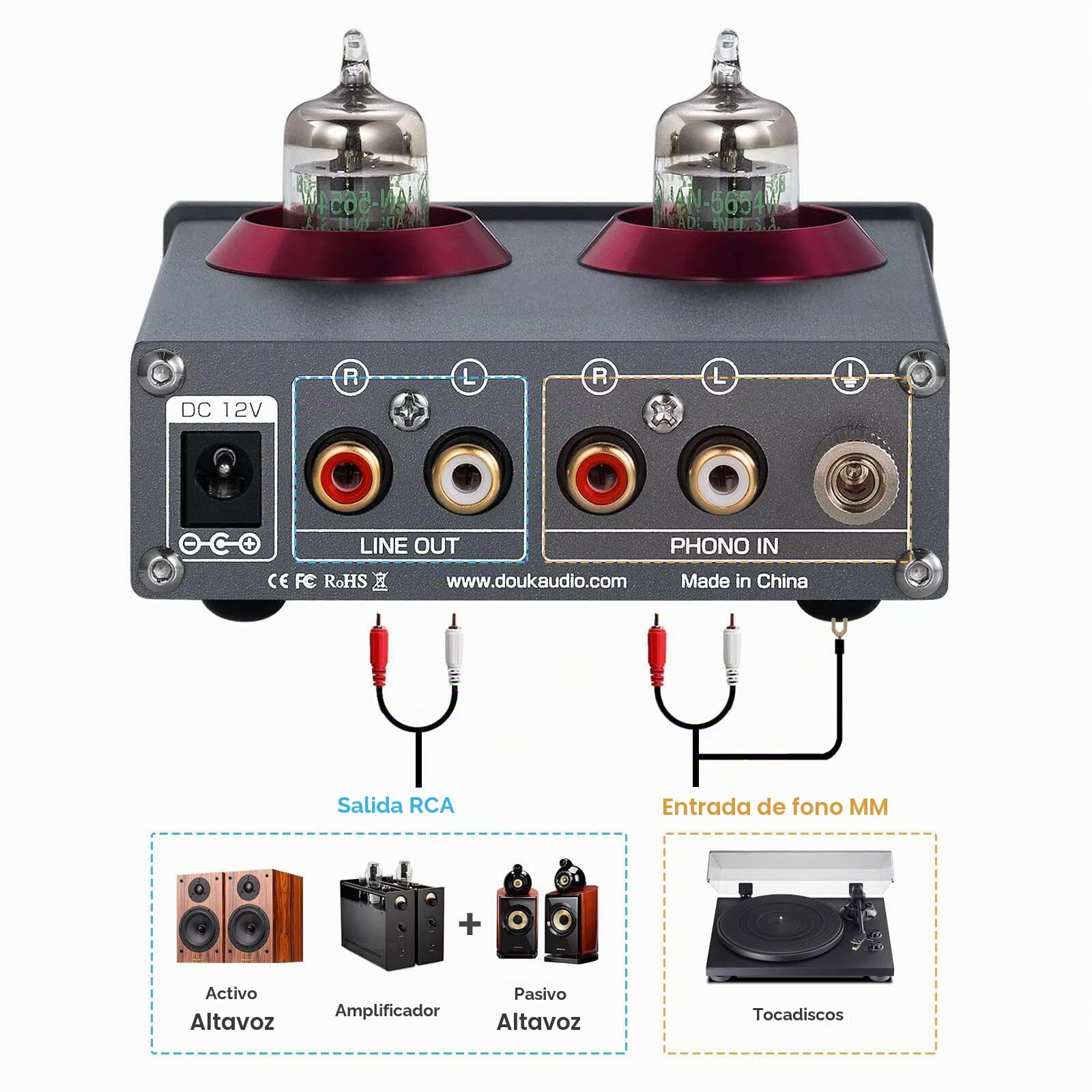 Douk Audio Mini 5654 Preamplificador Phono de Tubo de vacío Preamplificador de Audio estéreo para el hogar Amplificador de Auriculares