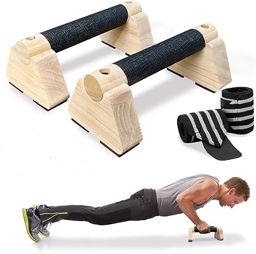 Miniatura 8 de Parallettes Bars, Wooden Push Up Bars with Wrist Wraps for Men & Women, Handstand Training Bars for Home Gym, Non-Slip Calisthenics Equipment,