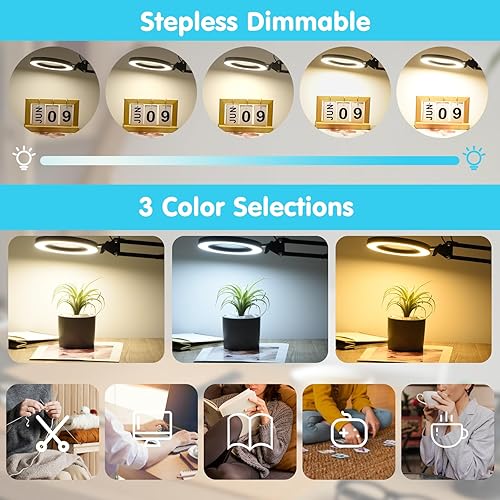 Miniatura 5 de Lámpara de escritorio con lupa LED con soporte y abrazadera, 3 modos de color y lente de vidrio de 5 dioptrías con atenuación continua, brazo