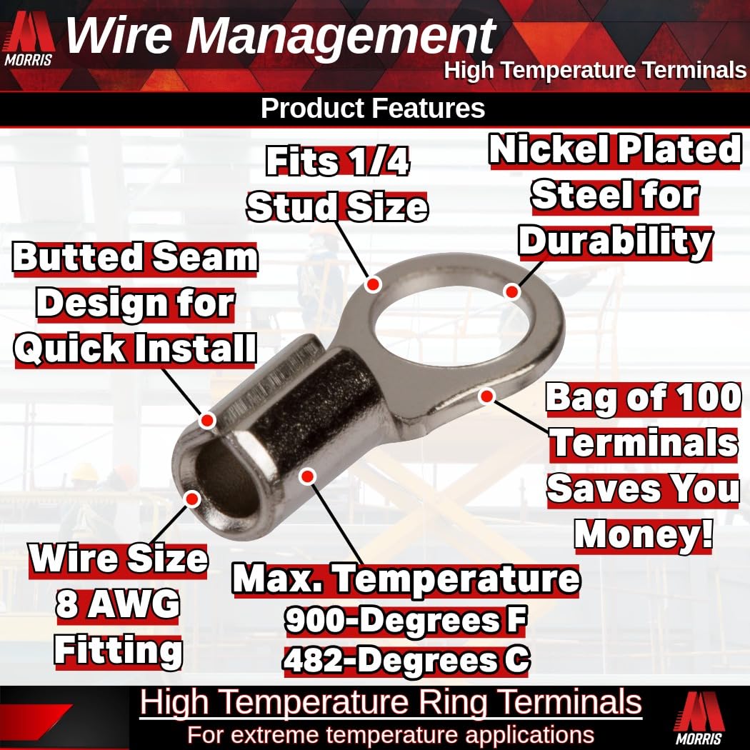 Morris Products High Temperature Ring Terminals - 8 Wire Size, 1/4" Stud Size - Nickel-Plated Steel - For HVAC, Industrial Kilns, Electric Space Heaters, Commercial Ovens, Fryers - Pack of 100