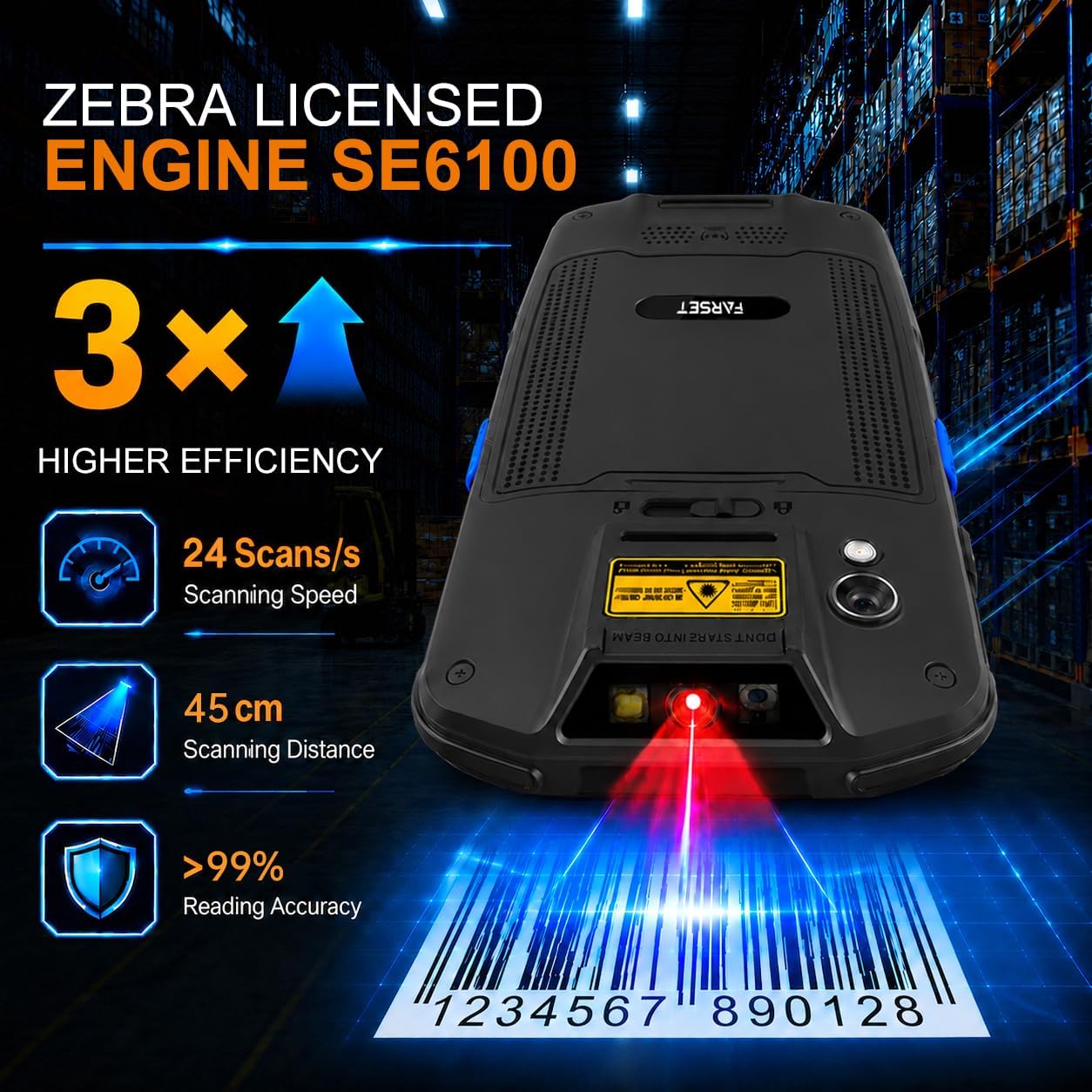 Farset F7-WiFi Android 14 Barcode Scanner PDA for Warehouse & Logistics | 1D/2D/QR Scan Zebra SE6100 Engine, WIFI, Bluetooth and GPS, 5000mAh Removable Battery, IP67 Rugged