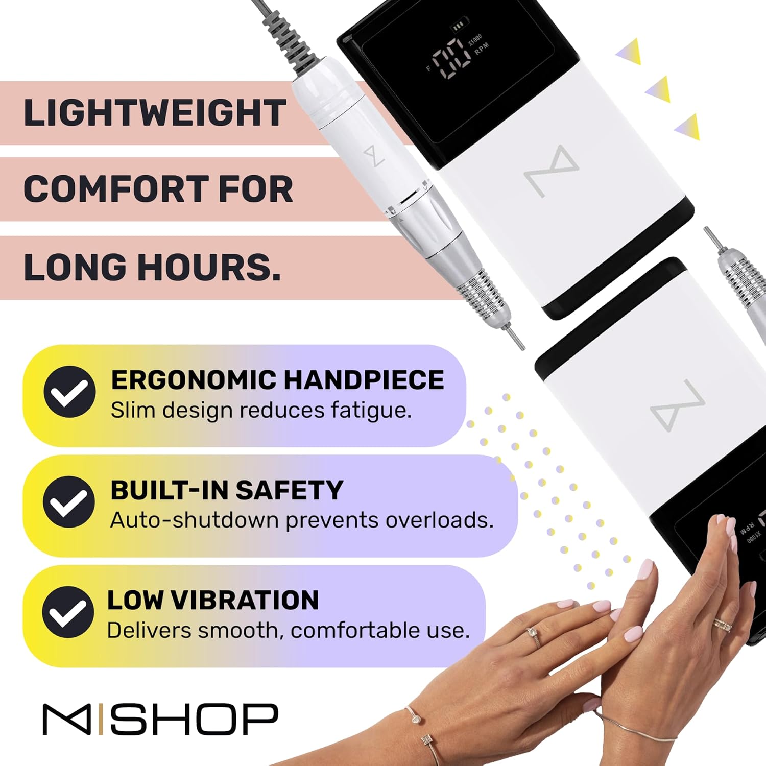 M - E-ZDrill Rechargeable Electric Nail Drill, 35k RPM, Smart Speed & Battery LCD, Portable Lightweight, Forward/Reverse, Aluminum Metal, Acetone Resistant Nail Drill (White)
