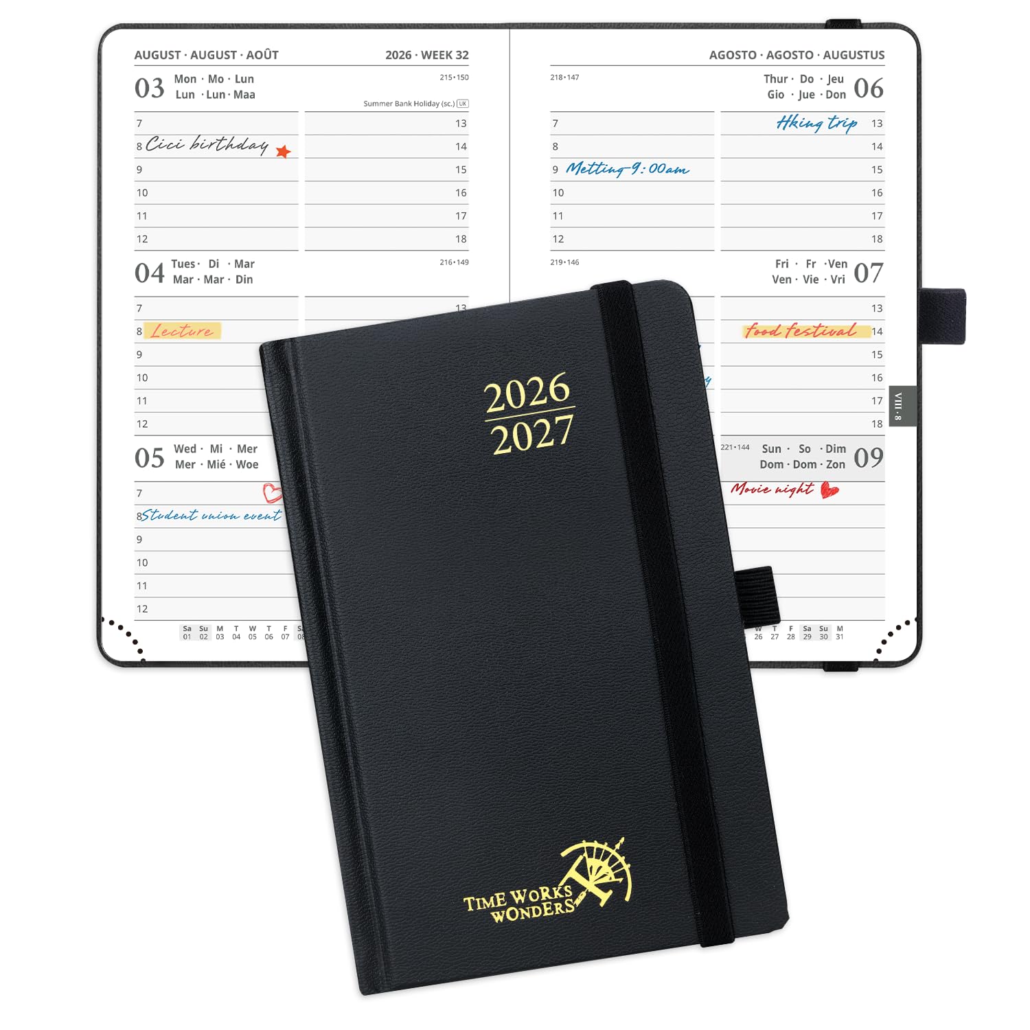 POPRUN Pocket Academic Diary 2026-2027 Small Hardback A6 (16x10.5 cm) Week to View 17 Months (Aug'26 - Dec'27),Mid Year Weekly Planner, Inner Pocket(Black)