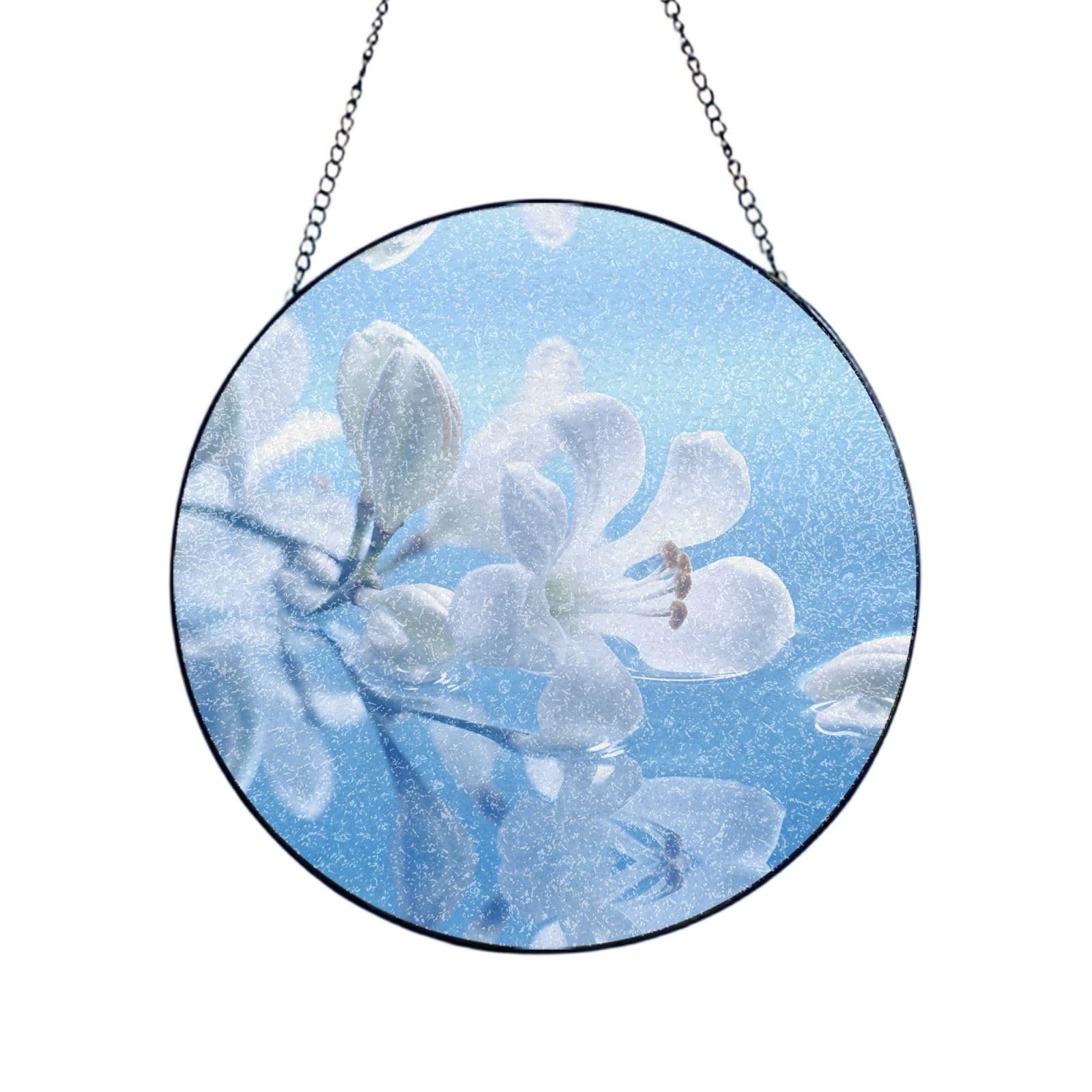 Phayah Small White Flowers In Bloom Print Stained Glass Window Hanging Sun Catchers Decoration Mother'S Day Birthday Gifts For Home Garden Porch 10in（25cm）