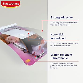 Elastoplast Disney Frozen Plasters, Assorted Sizes (16 Pieces), Coloured, First Aid Wound Care for Children with Frozen Designs, Various Sized, Skin-Friendly