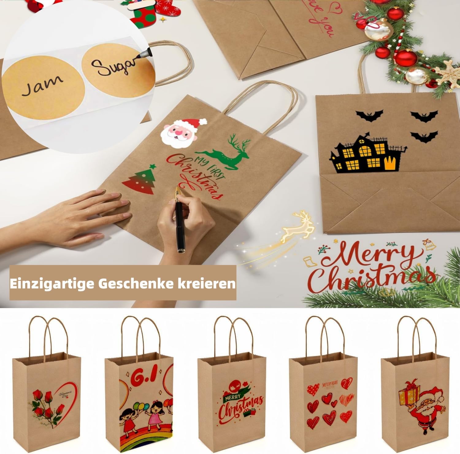12 Sacchetti Regalo Carta Kraft Con Manici - Piccole Buste Per Feste, Regali, Natale, Halloween (15x8x22 Cm)