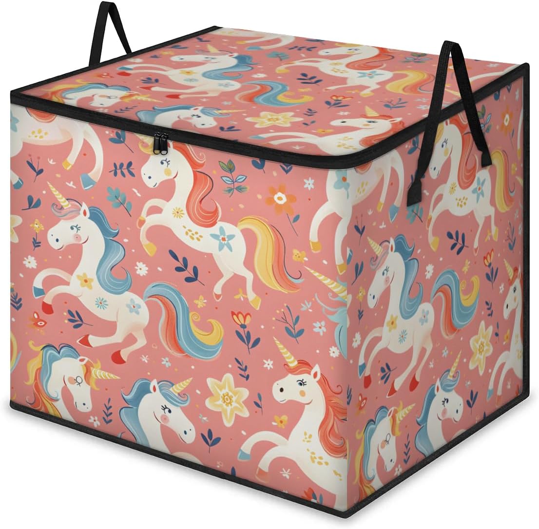 214L Extra Large Comforter Storage Bag Rainbow Horses Floral Storage Totes with Lids Waterproof Closet Organizer Folding Blanket Storage Bags for Clothes Bedding Pillows
