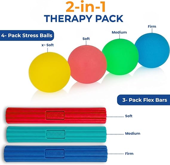 FlintRehab Hand Therapy Kit: Premium Exercise Balls (Set of 4) + Flex Bars (3 Pack) for Carpal Tunnel, Tennis/Golfer's Elbow, Arthritis Relief - Complete Set for Grip Strength & Rehabilitation