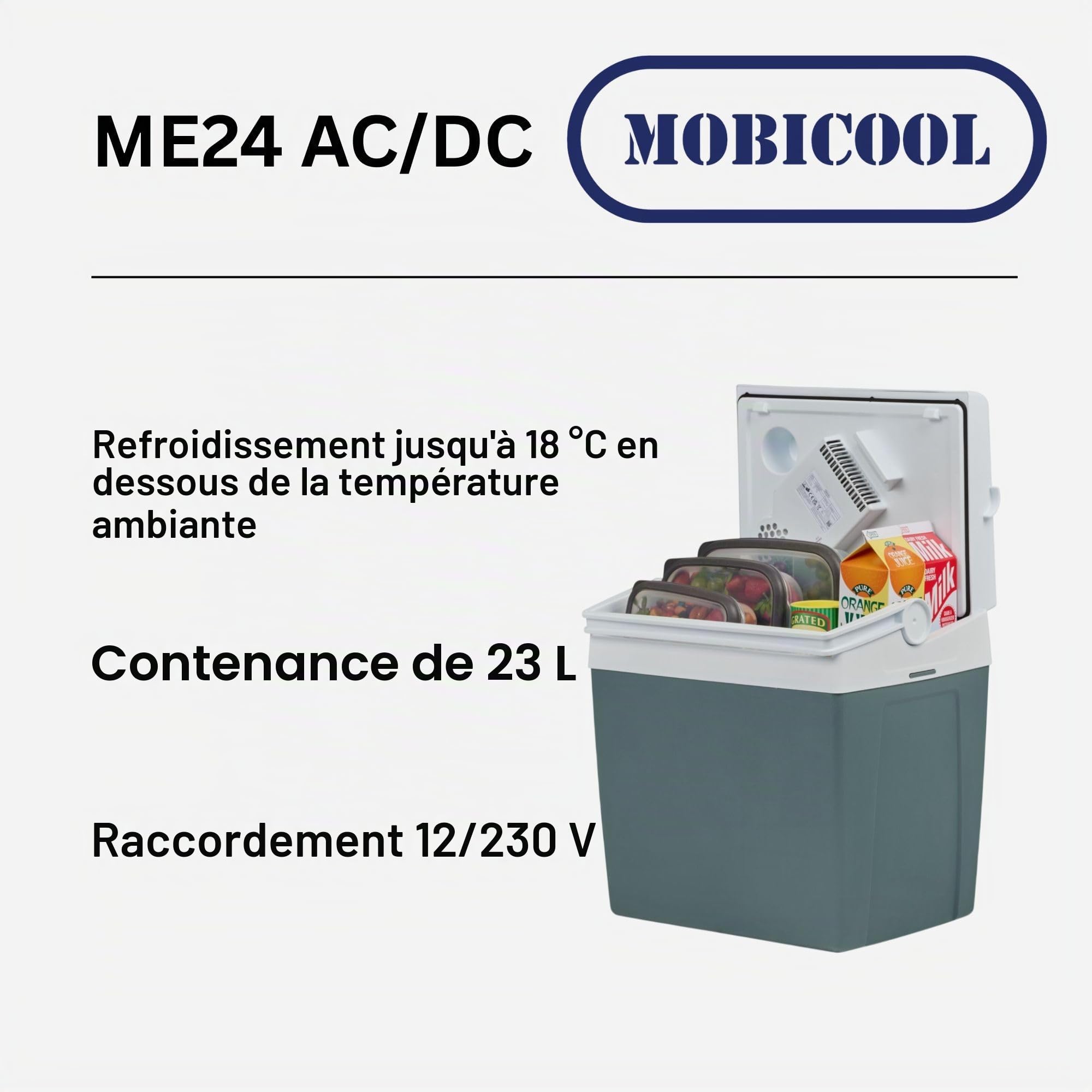 Mobicool ME24 Glacière électrique 23 l – 12 V et 230 V – Glacière compacte pour voiture avec double système de ventilation et compartiment pour câble dans le couvercle pour le camping, les vacances et