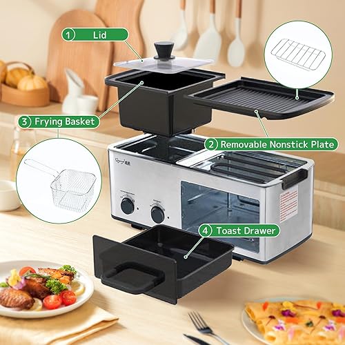 Miniatura 3 de Breakfast Maker Station 4 en 1 con parrillaparrillatostadacesta de freír, platos antiadherentes extraíbles, control de temperatura doble, color