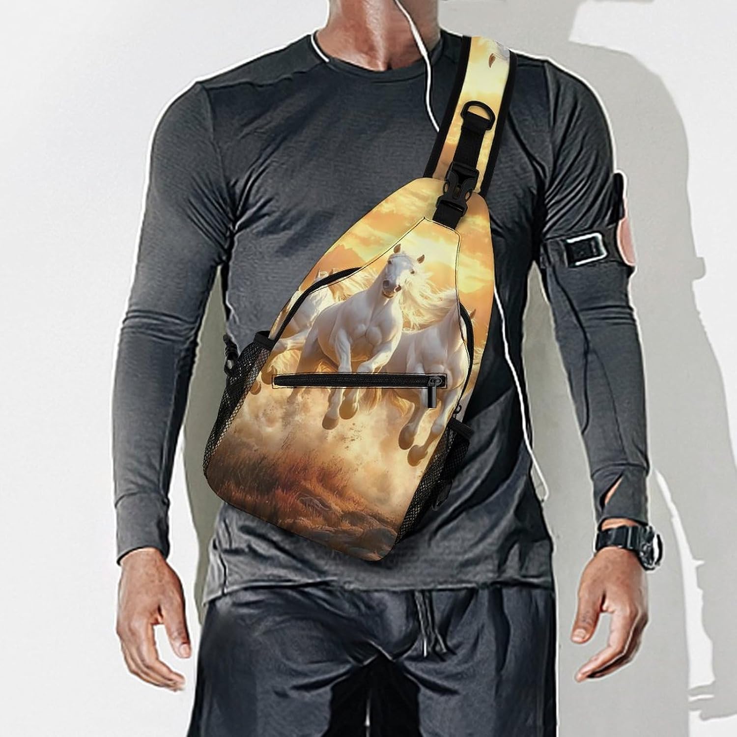 Running Wild Horses Men Crossbody Sling Backpack Chest Bag | Travel Fanny Pack,Hiking Daypack,Print Shoulder Bags