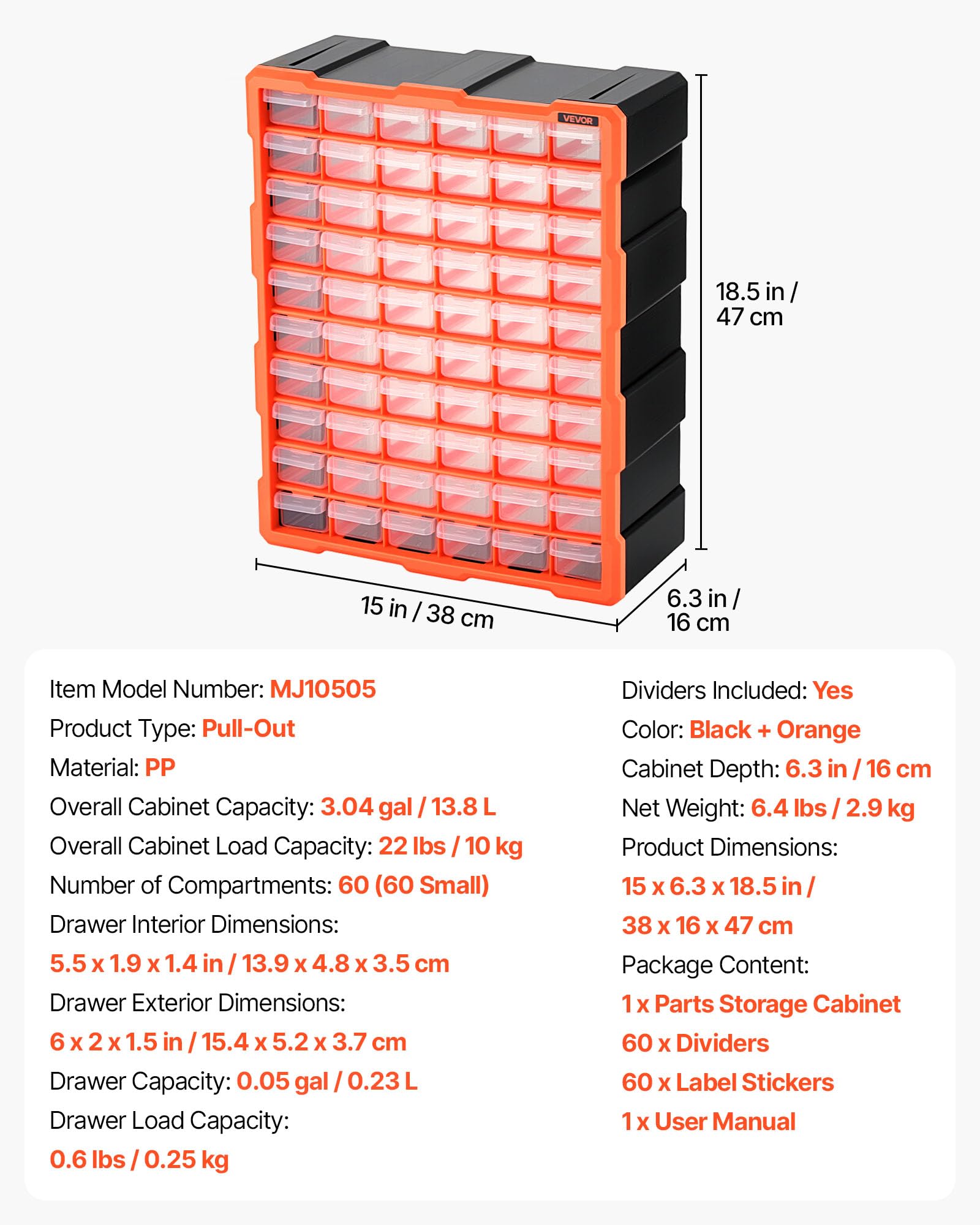 VEVOR Organizer per Minuteria a 60 Cassetti, Cassettiera Porta Minuteria Impilabile, Contenitore da Parete per Viti, Bulloni, Ferramenta e Componenti, in Plastica, Ideale per Garage, Casa e Officina