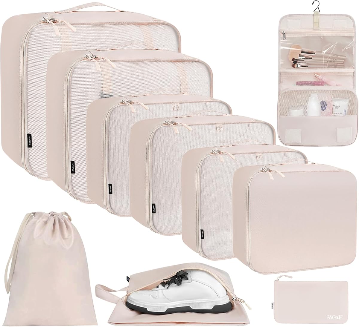 BAGAIL 10 Set Packing Cubes Various Sizes Packing Organizer for Travel Accessories Luggage Carry On Suitcase-Cream