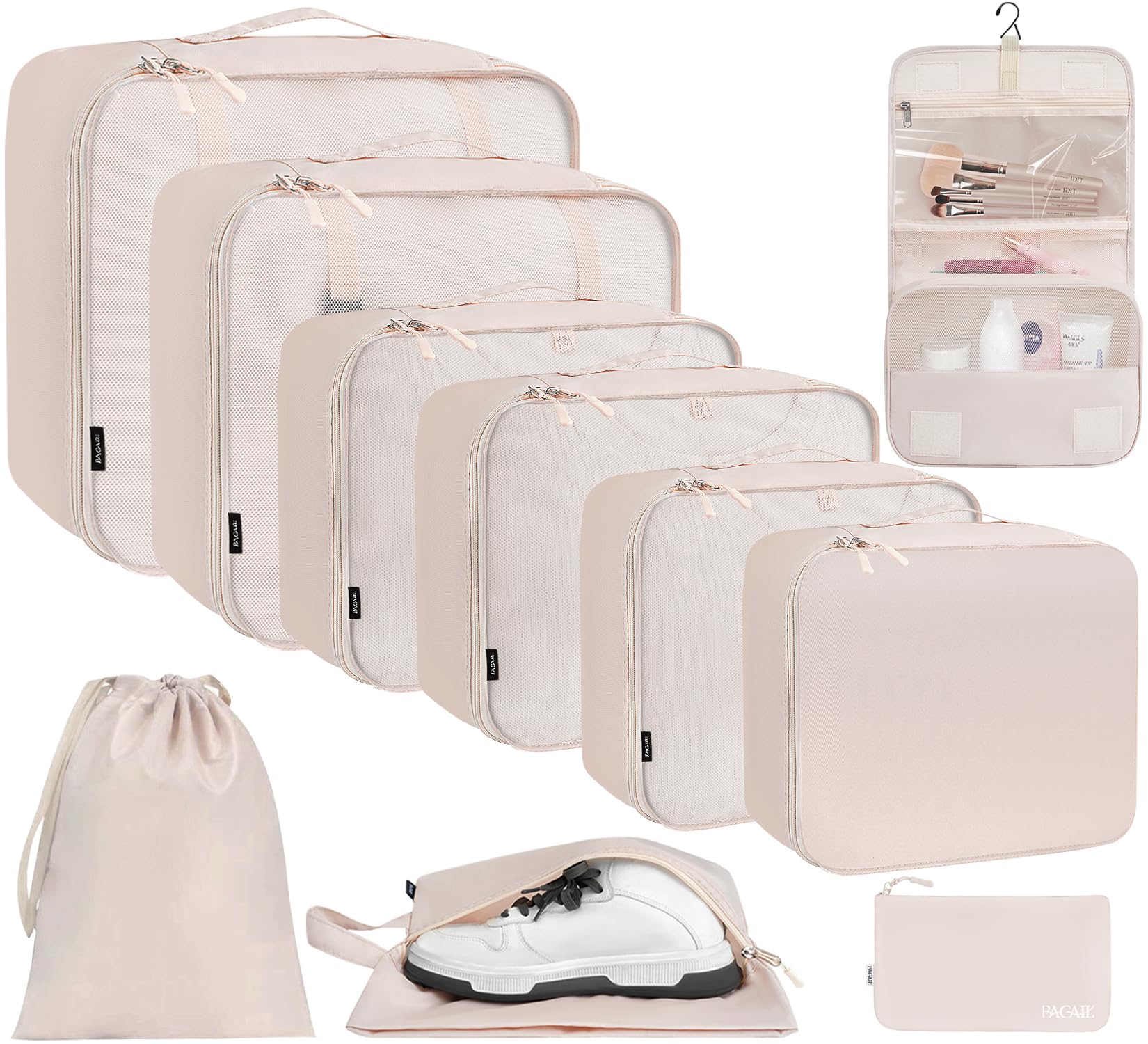 BAGAIL 10 Set Packing Cubes Various Sizes Packing Organizer for Travel Accessories Luggage Carry On Suitcase-Cream, Cream, 10 Set, 10 Set-full Mesh