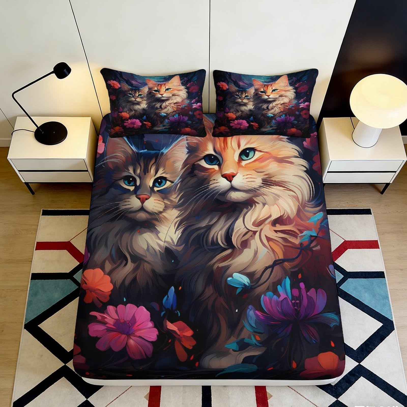 3D Printed Cat Floral Fitted Sheet Microfiber Soft Breathable Artistic Bed Cover for Bedroom Dormitory Guest Room Mattress Protection Decor 120x200x25cm