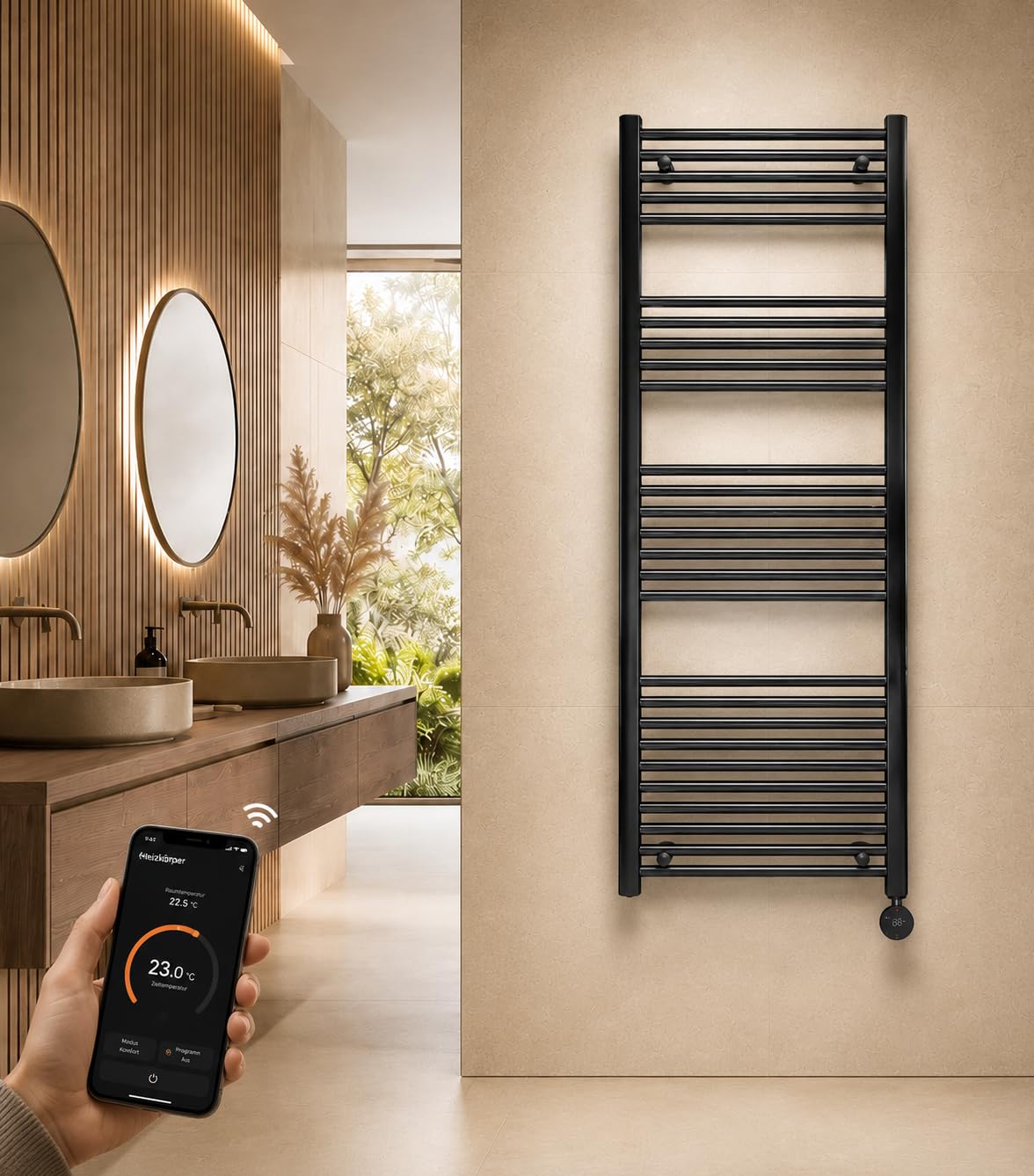 anapont Radiador de baño eléctrico de 1600 h x 500 b, color negro, ana-line – recto, función temporizador, radiador de toallero, calentador eléctrico de baño – Fabricado en Alemania