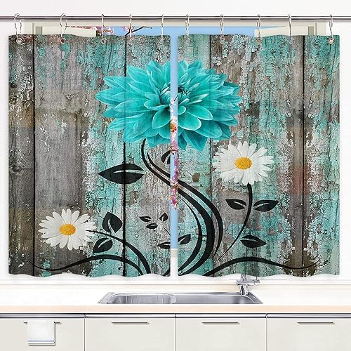 Cortinas rústicas de cocina florales de color verde azulado, turquesa, flores azules, margaritas, gris, decoración de madera, 2 paneles, juego de