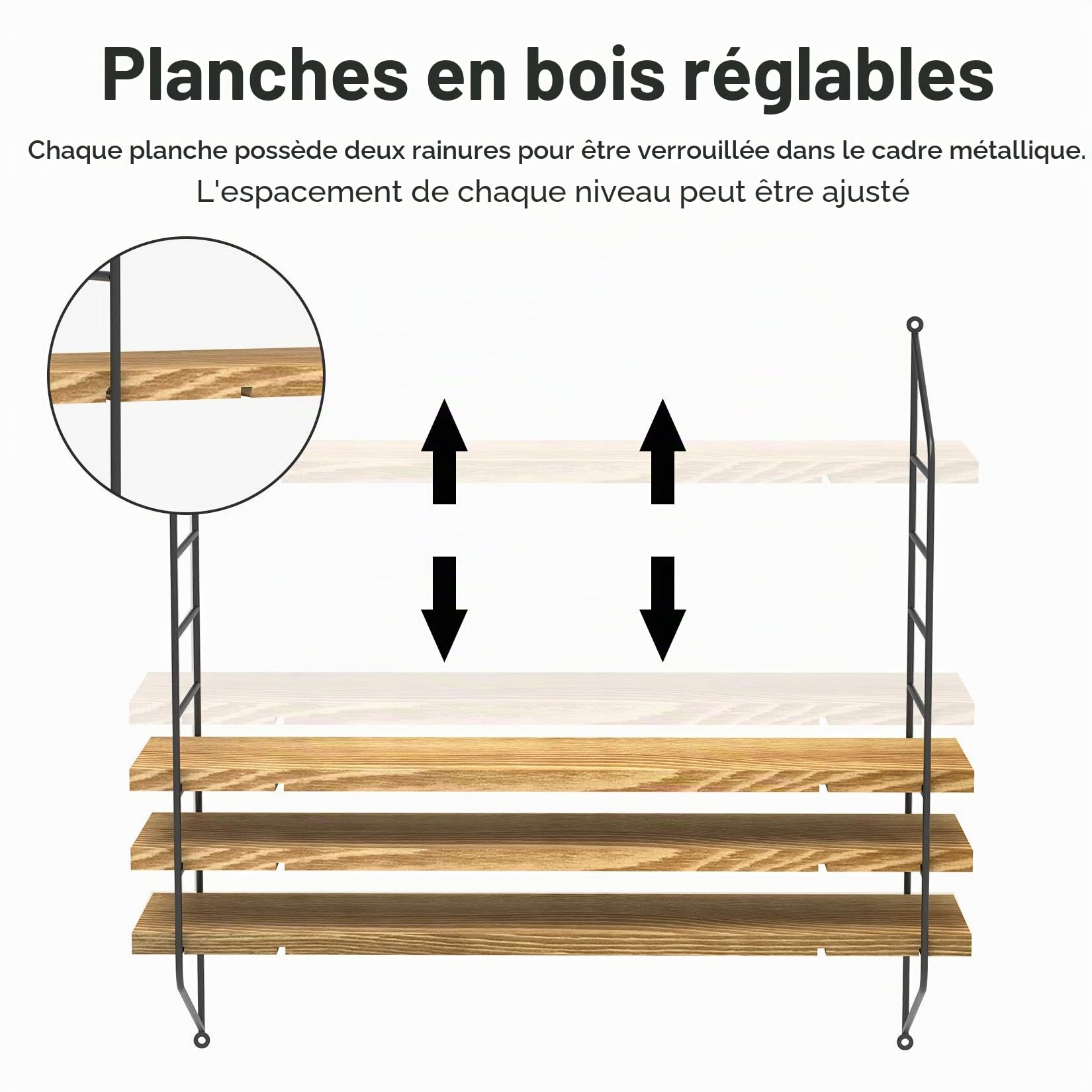 unho Étagère murale flottante, 3 niveaux réglables en bois de pin avec support en métal, 58 × 15 × 54,5 cm