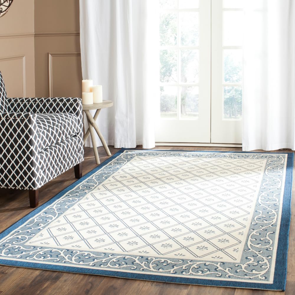 SAFAVIEH Washable Rug Outdoor Courtyard Collection - 4' x 5'7", Beige & Navy, Non-Shedding & Easy Cleaning, Ideal for Patio, Backyard, Mudroom (CY7427
