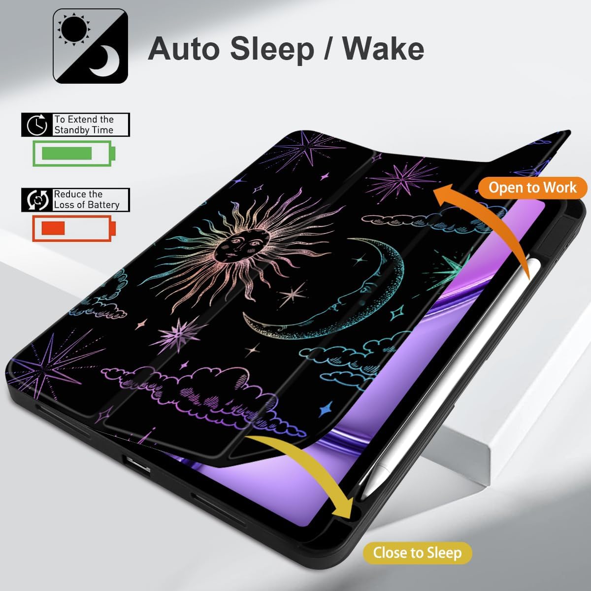 DONGKE for iPad Air 11 Inch Case M4 2026 / M3 2025 / M2 2024 & iPad Air 5th 2022 / 4th Gen 2020 10.9 Inch, Ultra Thin Soft TPU Back Cover with Pencil Holder Support Auto Wake/Sleep, Sun & Moon