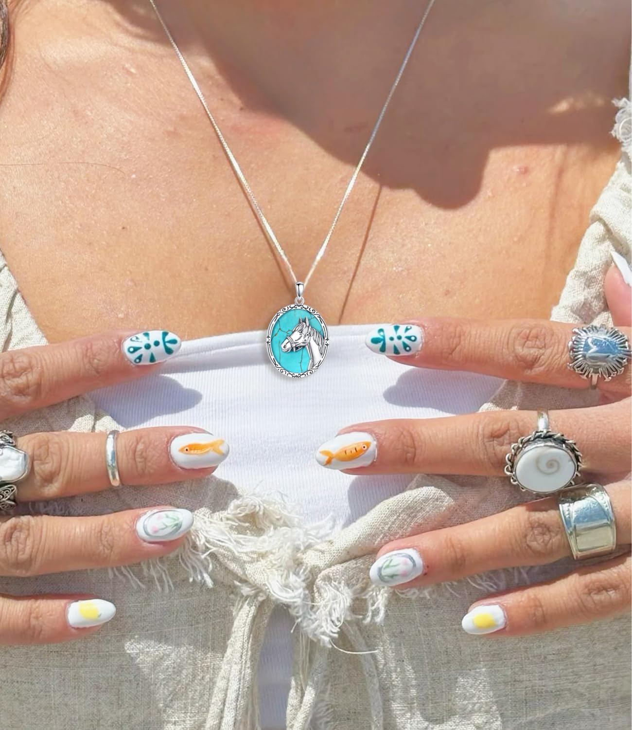 Genuine Turquoise Horse Necklace, Sterling Silver Native American Boho Vintage Pendant Western Jewelry Birthdays Gift for Women - Image 2