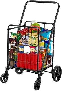 DWVO Utility Foldable Shopping Cart with Wheels, Large Portable Collapsible Rolling Grocery Cart with Reinforced Mesh Bottom for Laundry, Grocery, Luggage, Storage and Seniors, 220 lbs Capacity, Black