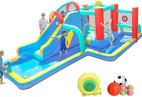 Doctor Dolphin Toboganes de agua inflables para patio trasero, casa de rebote para niños de 5 a 12 años al aire libre, casa de rebote de agua con