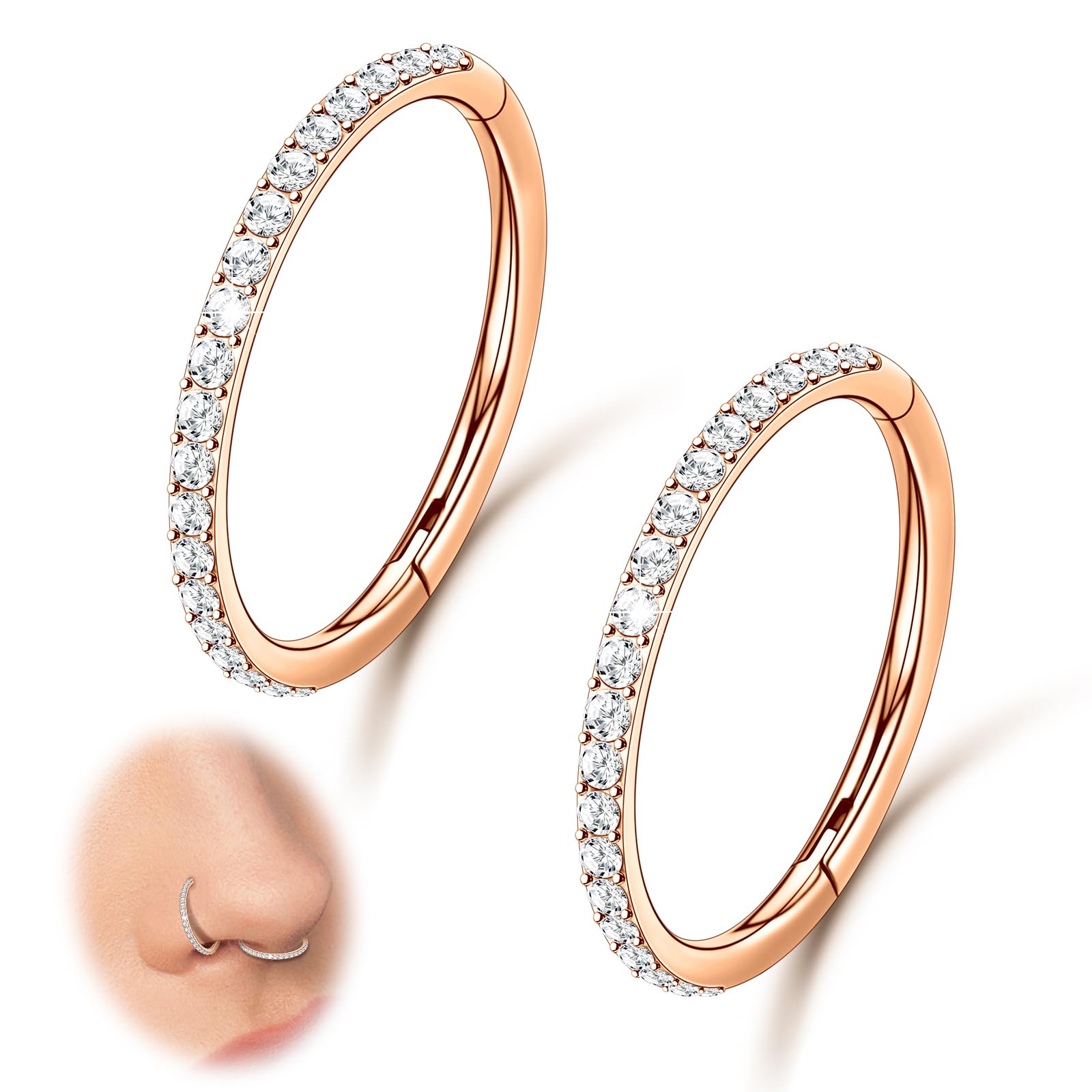 Beautidots 2PCS 20G 18G 16G Nose Ring Cartilage Hoop Earring Stainless Steel 4Colors Choose Hoop Earrings Hinged Summer Sparkle Septum Hoops Daith