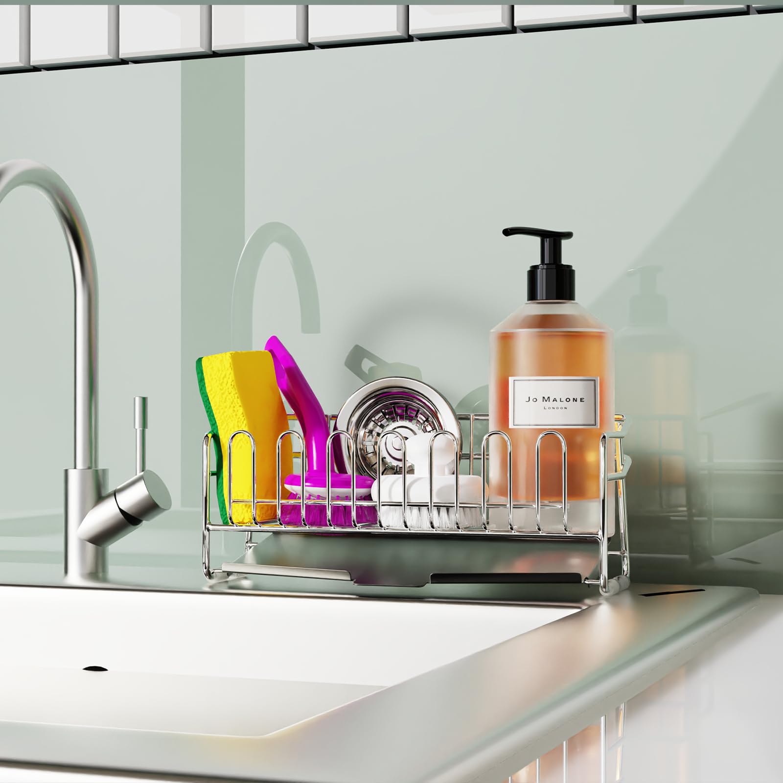 KABUM 304 Stainless Steel Sponge Holder for Kitchen Sink Compact Sink Caddy with 4 Non-Slip Silicone Pads Easy