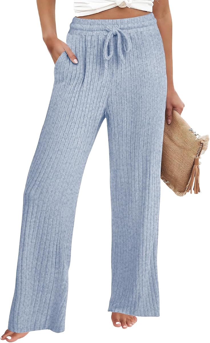 Womens Ribbed Knit Lounge Pajama Pants High Waisted Drawstring Waist Wide Leg Solid Color Pants Fall Winter Trousers