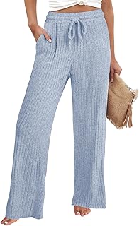 Womens Wide Leg Pants Ribbed Knit High Waist Pajama Pants Straight Leg Sweatpants Comfy Fall Baggy Bottoms Trousers