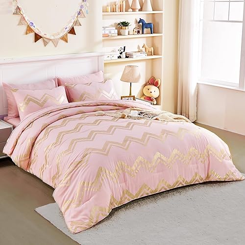 Wowelife Juego de edredón rosa para cama de tamaño Queen, 7 piezas con purpurina plateada, juego de ropa de cama tamaño Queen, juego de edredón para