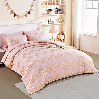 Wowelife Queen Comforter Set Pink, 7 Pieces Queen Bedding Set, Pink Comforter Set Queen Glitter Foil, Girl Queen Comforter Set with Sheets, Comfortable and Breathable