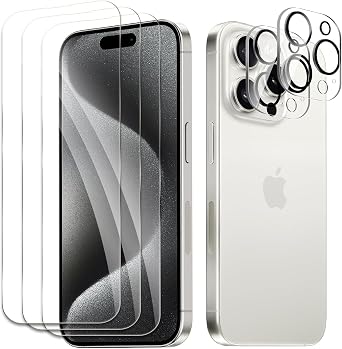 3 Pack Screen Protector for iPhone 15 Pro Max+2 Pack Camera Lens Protector, Tempered Glass Film, Ultra HD 9H Hardness Case Friendly Anti Scratch Bubble Free Ultra Resistant