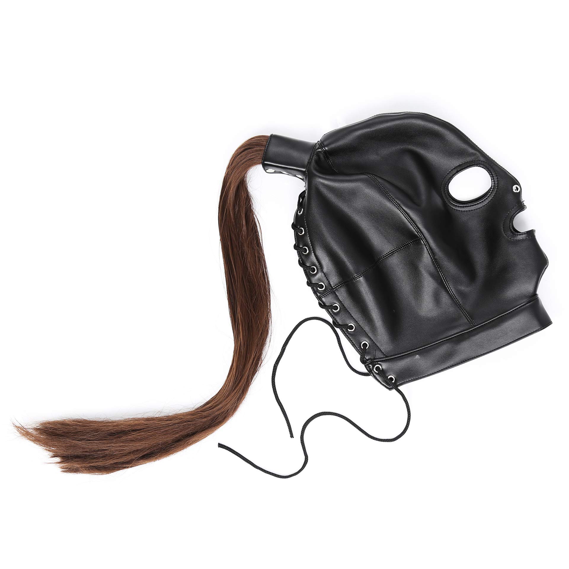 Hdynasty Capuche en cuir PU noir, perruque intégrale à 3 trous, masque sexuel pour les yeux, couvre-chef pour jeu de rôle