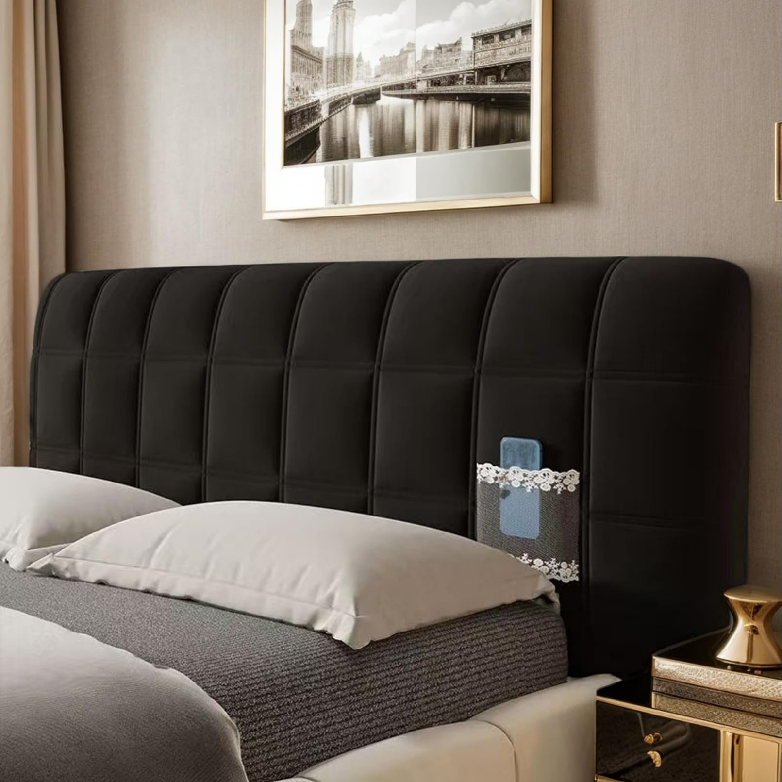 Copritestata Del Letto Con Protezione Antipolvere Elasticizzata in Velluto Per Decorazione Camera Da Letto Disponibile in Singolo Matrimoniale King Queen Size,Nero,200cm