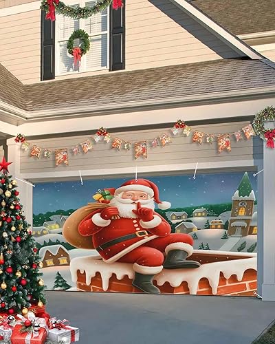 Christmas Garage Door Banner Cover 7 x 8 ft, Christmas Santa Claus with Gifts Village Snow Christmas Garage Door Decorations Holiday Christmas
