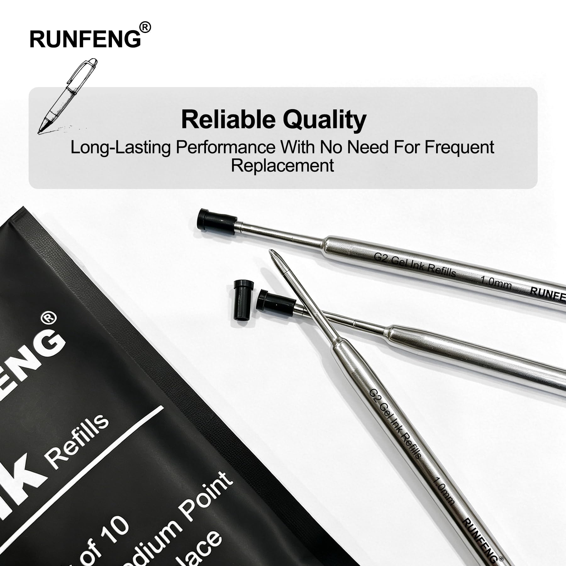 Ricariche Inchiostro per Penne a Sfera 1mm G2, Set di 10 Pezzi Refill, Ricarica Sostituibile (Nero)