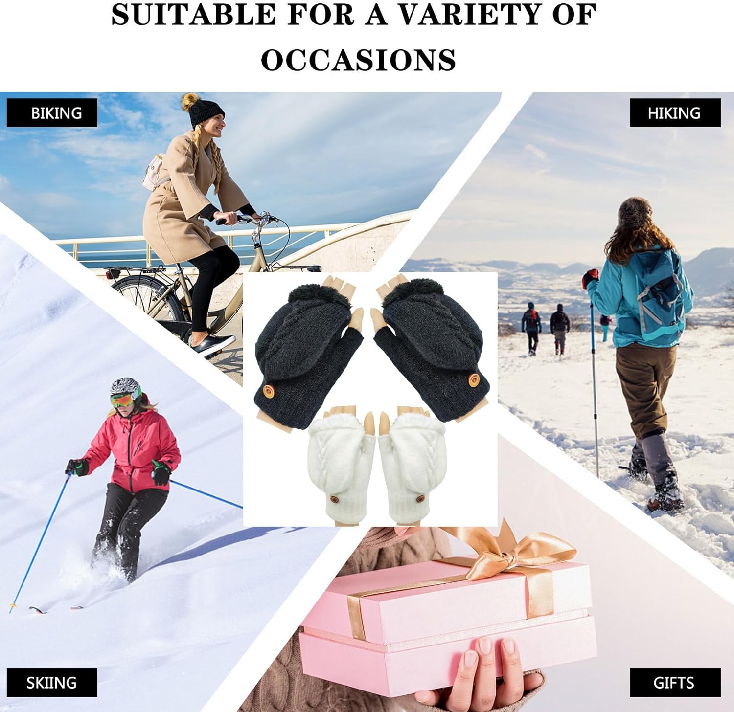 2 Pairs Fingerless Wool Gloves for Women Warm Fleece Lined Knit Texting Mittens - Image 6