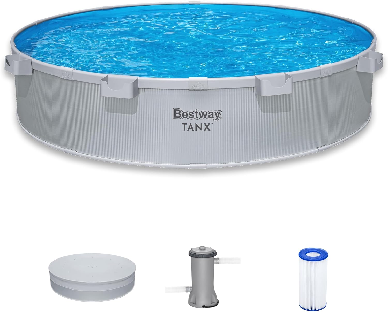 Bestway TANX 10' x 24" Stock Tank Pool, Round Galvanized Steel Above Ground Pool Set with Filter Pump, Filter Cartridge (Type III), Pool Cover, and Cup Holders, Semi-Permanent Metal Steel Wall Pool