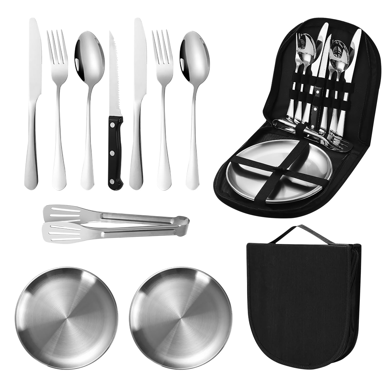 DAYONG Camping Utensil Set, 10Pcs Stainless Steel Camping Dinnerware Set for 2 People, Portable Picnic Tableware Set with Spoons Forks Plate for Outdoor Camping, Hiking Travel. (10pcs)