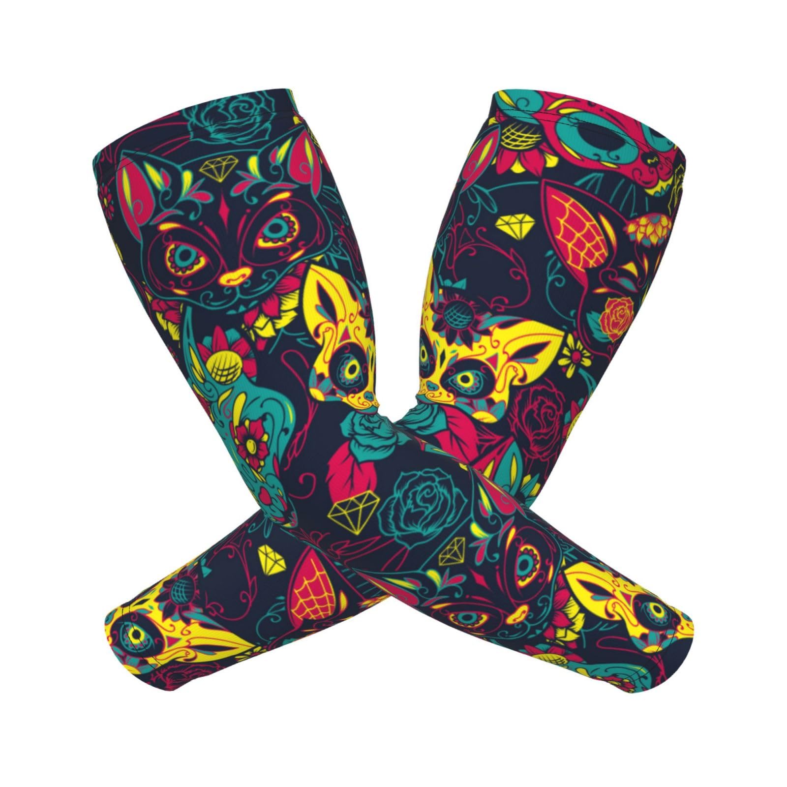 MZERSE Fashion Cooling Sun Sleeves UV Protection Arm Sleeves Compatible With Day Of The Dead Halloween Sugar Cat Skull Arm Cover Sleeve, Non Slip Arm Sleeves for Men Women