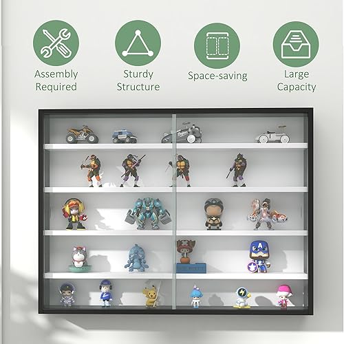 Miniatura 6 de HOMCOM Vitrina de 5 niveles, vitrina de cristal con 2 puertas y estantes ajustables, montaje en pared, negro, blanco