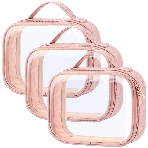 PACKISM Neceser aprobado por la TSA, paquete de 3 bolsas de maquillaje transparentes con asa, gran apertura, accesorios esenciales de viaje, tamaño
