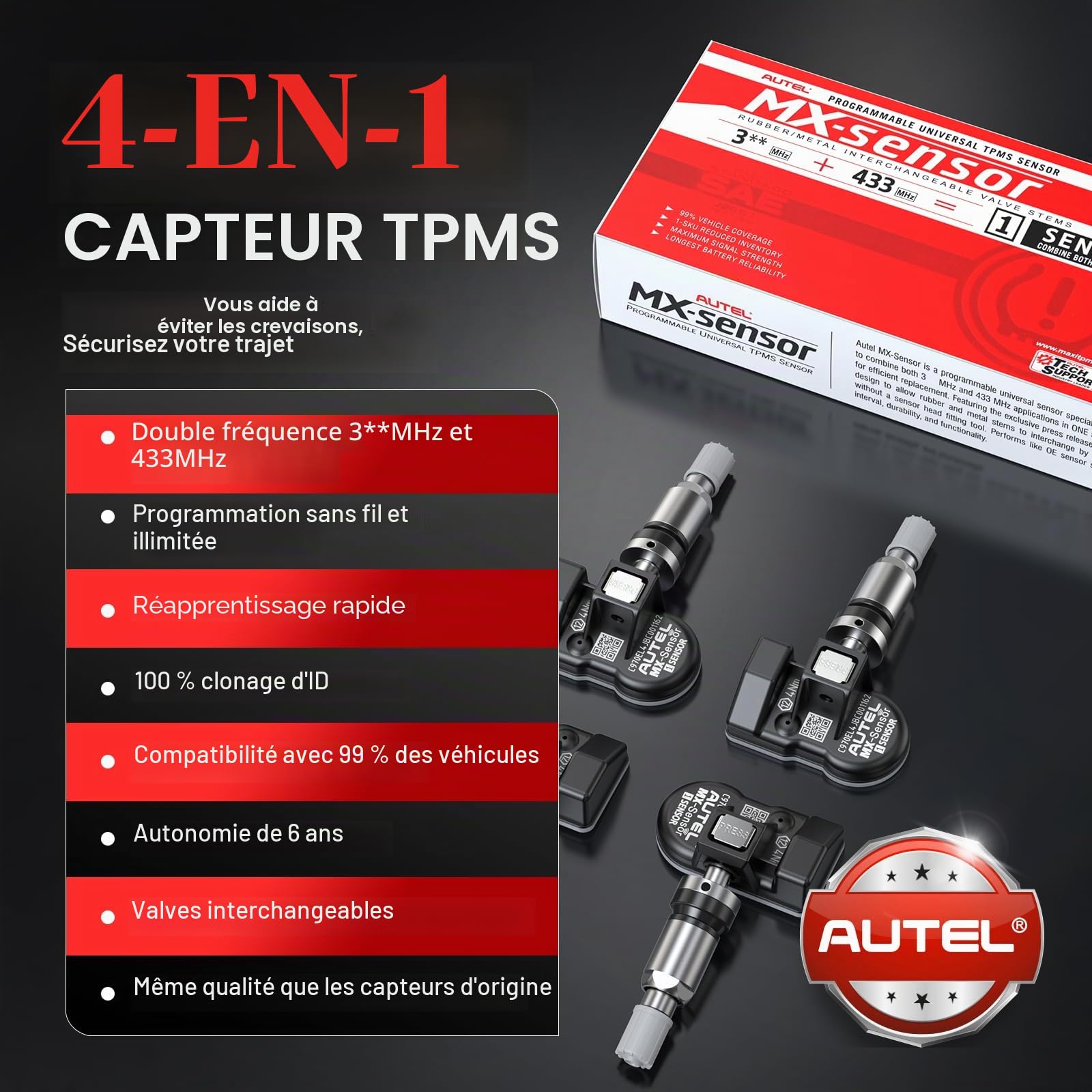 Autel TPMS Sensor MX-Capteur, Double Fréquence Capteurs TPMS pour 98% Voitures, Fonctionne avec TS408S TS508WF TS601 TS501 Pro, Niveau OE Programmable & Clonable TPMS Sensor (Valve en Métal, 4 Pièce)