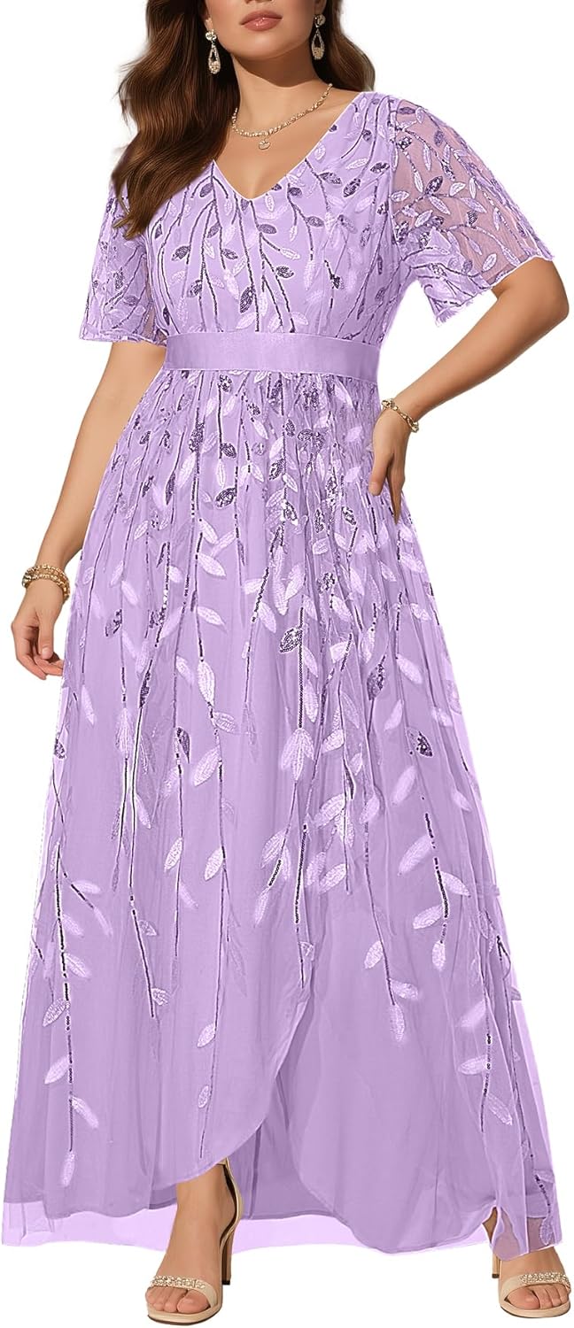 Pinup Fashion Plus Size Formal Dresses - Evening Gowns Sequin Embroidery V-Neck Prom Long Dress with Slit