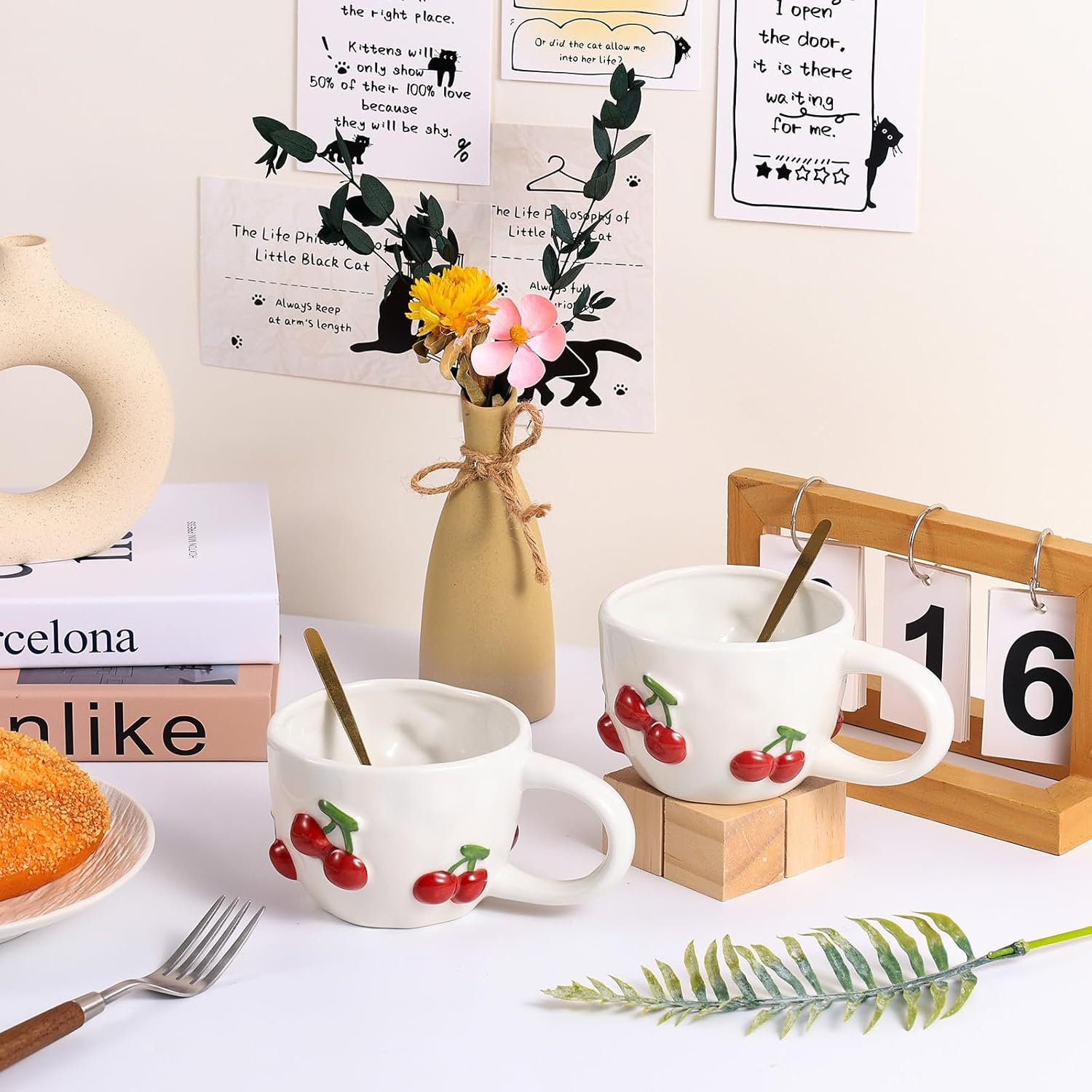 2 Pcs Cherry Icon Cup 12 oz Red Cherry Ceramic Coffee Mug with Handle and Spoons Aesthetic Latte Art Cup for Birthday Wedding Gifts Cute Mugs for Cappuccino Hot Chocolate Tea Milk Espresso - Image 8