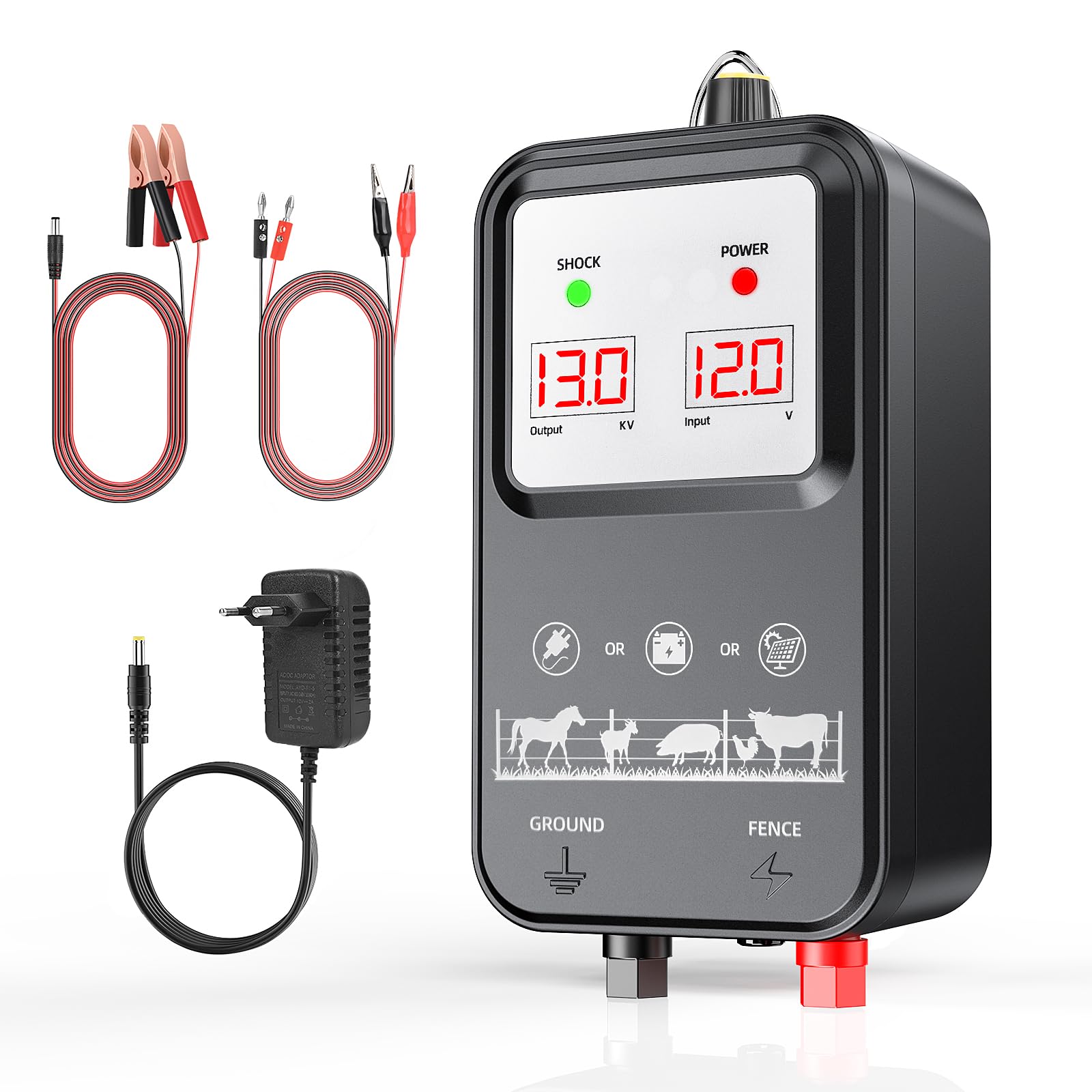 10KM Recinto Elettrico per Animali, Potente Elettrificatore per Recinzione Elettrica da 2 J con display LCD, Recinzione Elettrica Impermeabile IP44 ad Alta Potenza per Fattoria, Giardino, Pascolo (B)