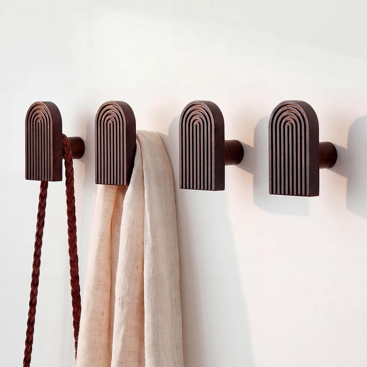 Novabright 4 Pcs Boho Wall Hooks Wooden Coat Hook, Semi Oval, Walnut Wood